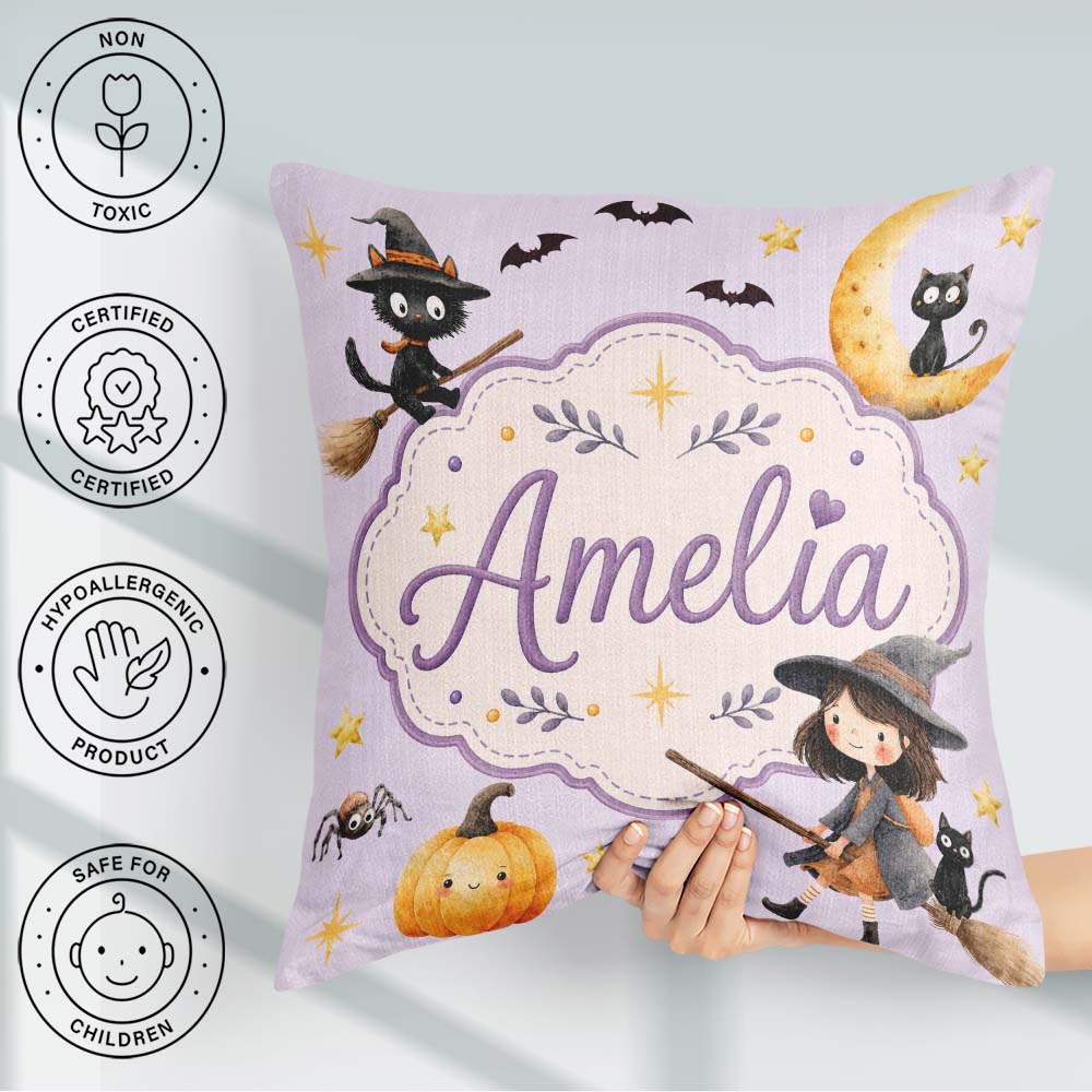 Custom Name Halloween Witch Cat Moon Stars Spooky Night Seamless Square Filled Cushion Throw Pillow Sofa Bed Home Decor Zip Washable UK Made