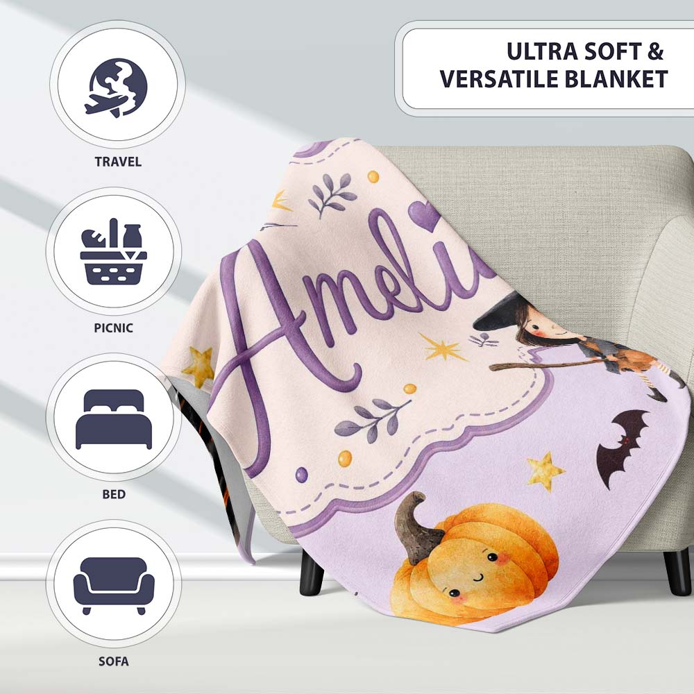 Halloween Witch Cat Moon Stars Spooky Night Lilac Seamless Pattern Personalised Custom Name Super Soft Fleece Blanket Bed Sofa Throw