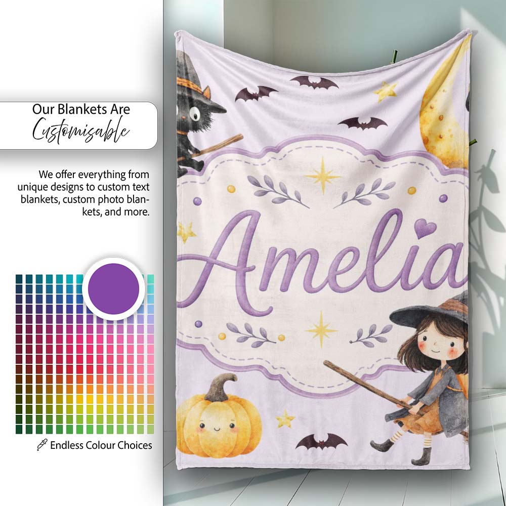Halloween Witch Cat Moon Stars Spooky Night Lilac Seamless Pattern Personalised Custom Name Super Soft Fleece Blanket Bed Sofa Throw
