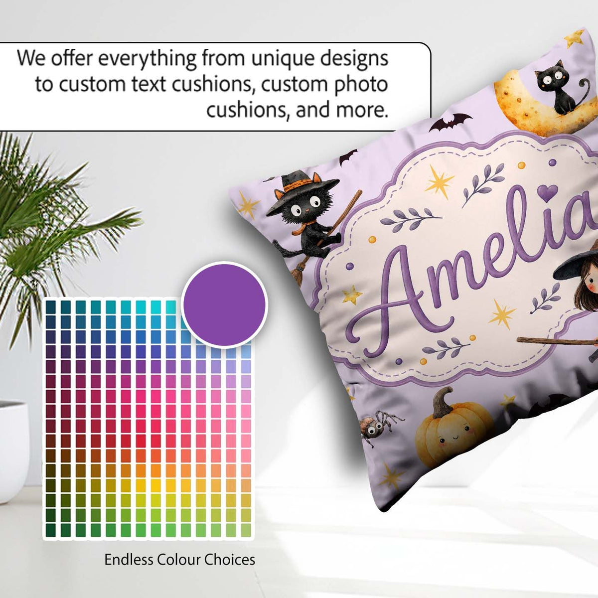 Custom Name Halloween Witch Cat Moon Stars Spooky Night Seamless Square Filled Cushion Throw Pillow Sofa Bed Home Decor Zip Washable UK Made
