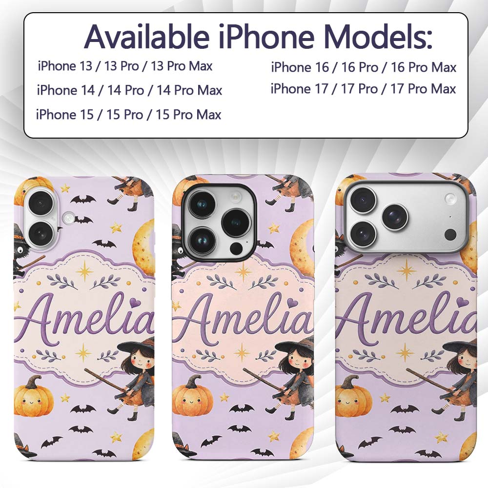Halloween Witch Cat Moon Stars Spooky Night Lilac Custom Name Protective Phone Case Mobile Cover Durable Everyday Smartphone Shock Resistant