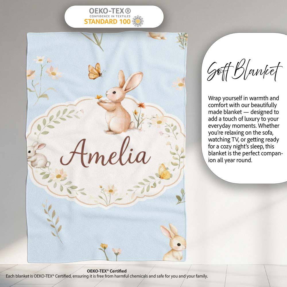 Watercolor Bunny Floral Meadow Seamless Pattern on Blush Background Personalised Custom Name Super Soft Fleece Blanket Bed Sofa Throw