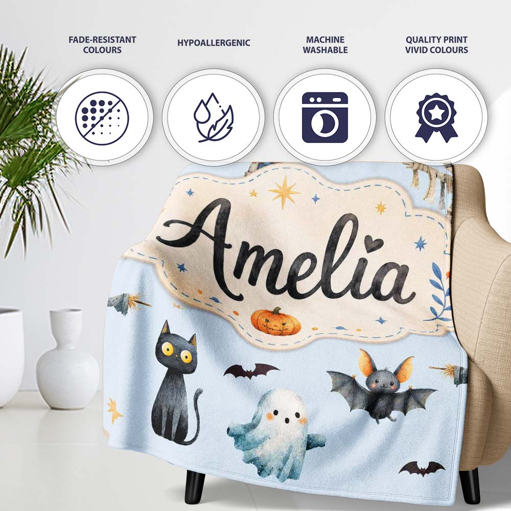 Cute Halloween Zombie Mummy Vampire Bat Spooky Blue Background Personalised Custom Name Super Soft Fleece Blanket Bed Sofa Throw
