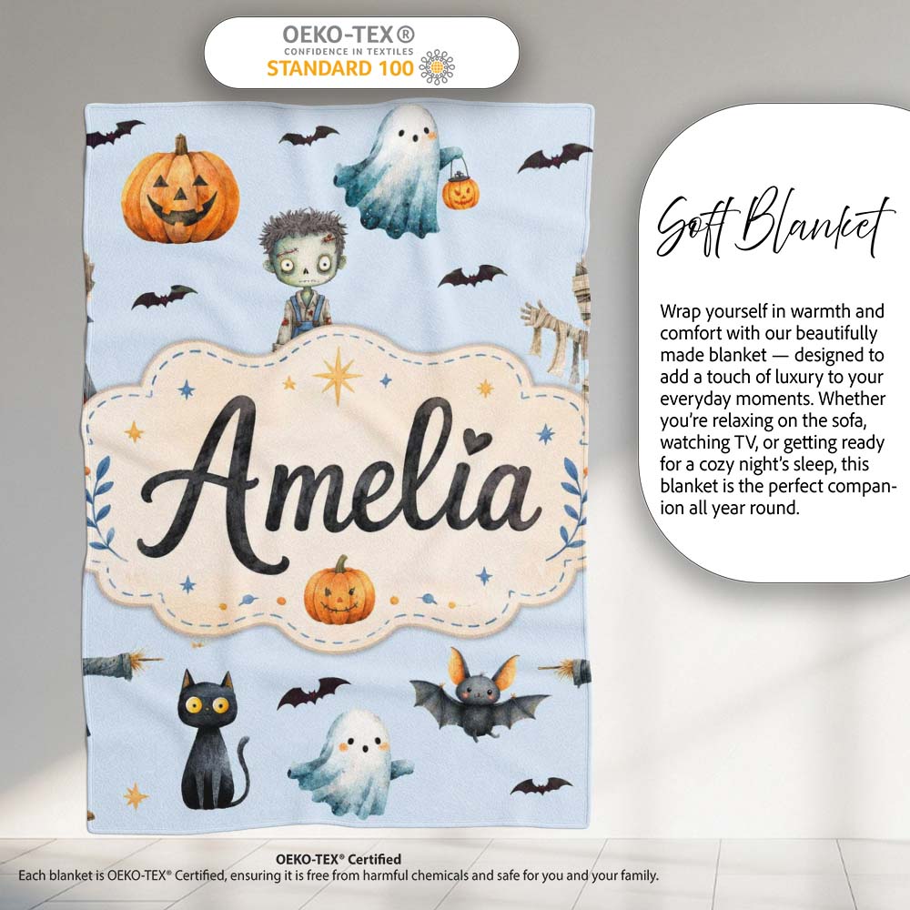 Cute Halloween Zombie Mummy Vampire Bat Spooky Blue Background Personalised Custom Name Super Soft Fleece Blanket Bed Sofa Throw