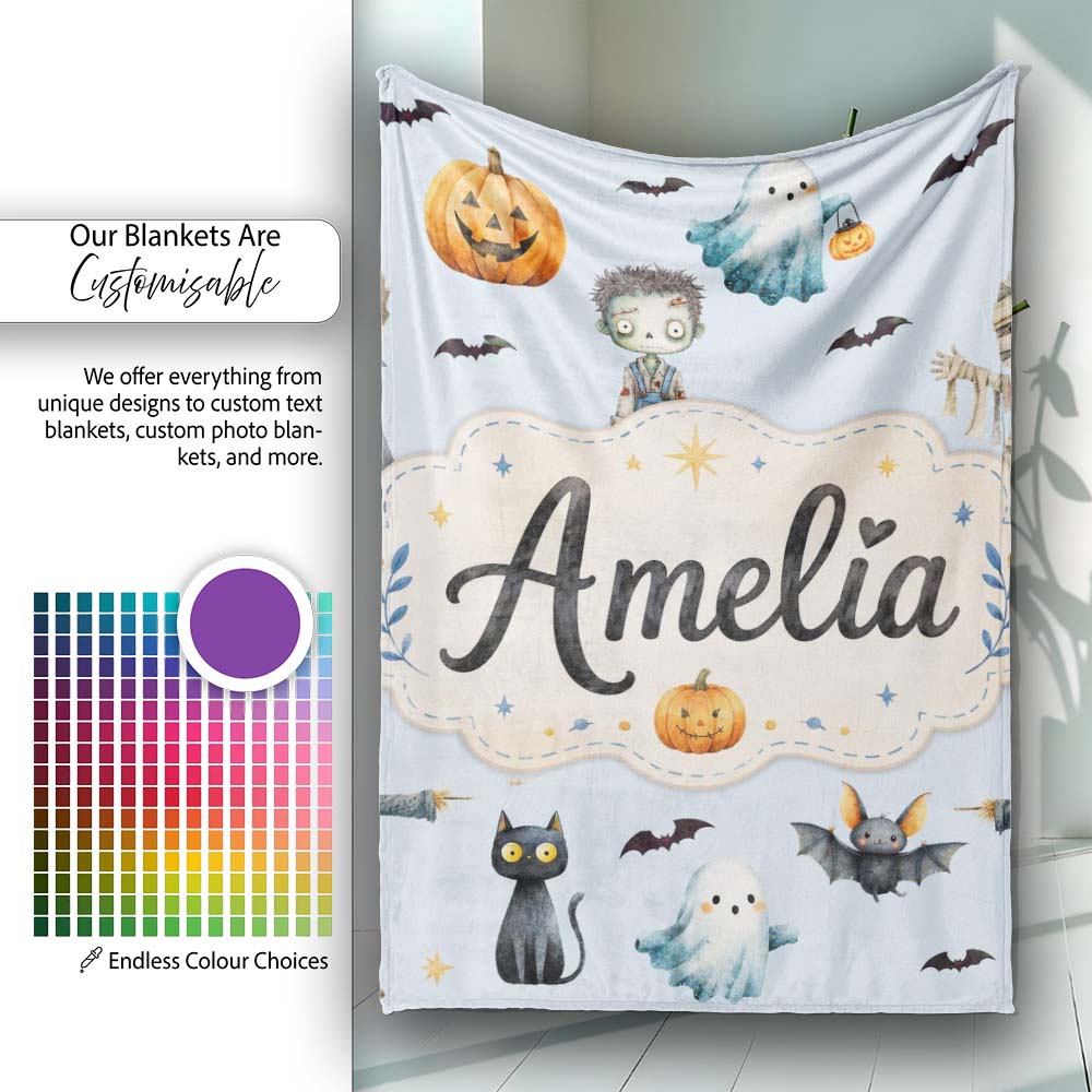 Cute Halloween Zombie Mummy Vampire Bat Spooky Blue Background Personalised Custom Name Super Soft Fleece Blanket Bed Sofa Throw