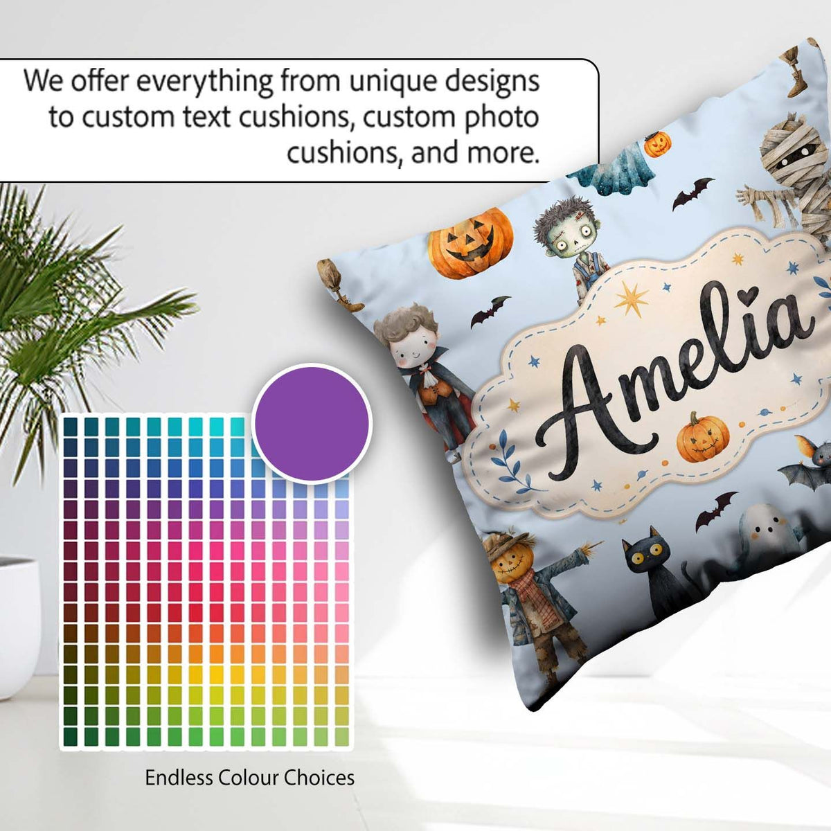 Custom Name Cute Zombie Mummy Vampire Bat Spooky Blue Background Square Filled Cushion Throw Pillow Sofa Bed Home Decor Zip Washable UK Made