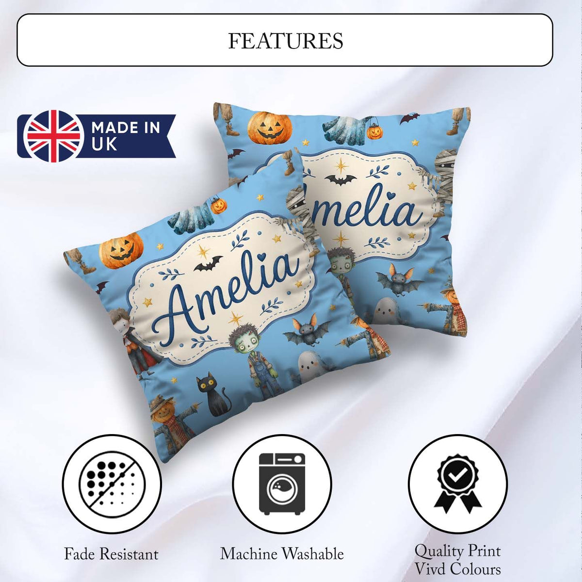 Custom Name Halloween Zombie Mummy Vampire Bat Sky Blue Seamless Square Filled Cushion Throw Pillow Sofa Bed Home Decor Zip Washable UK Made