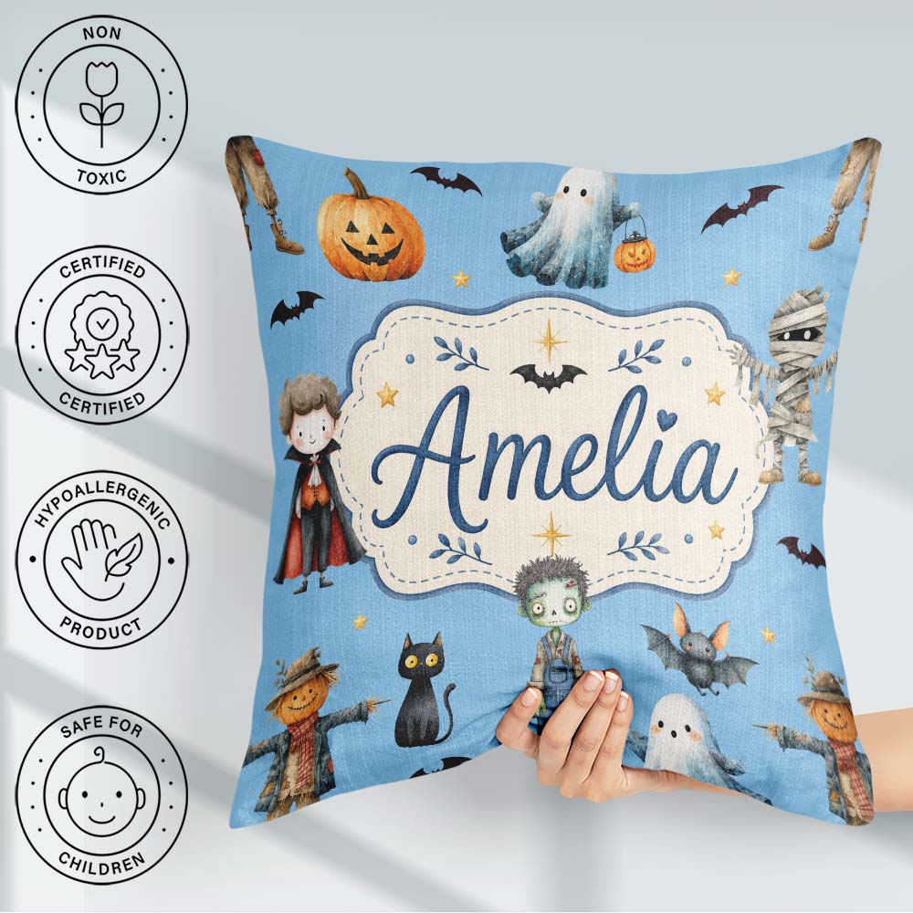 Custom Name Halloween Zombie Mummy Vampire Bat Sky Blue Seamless Square Filled Cushion Throw Pillow Sofa Bed Home Decor Zip Washable UK Made
