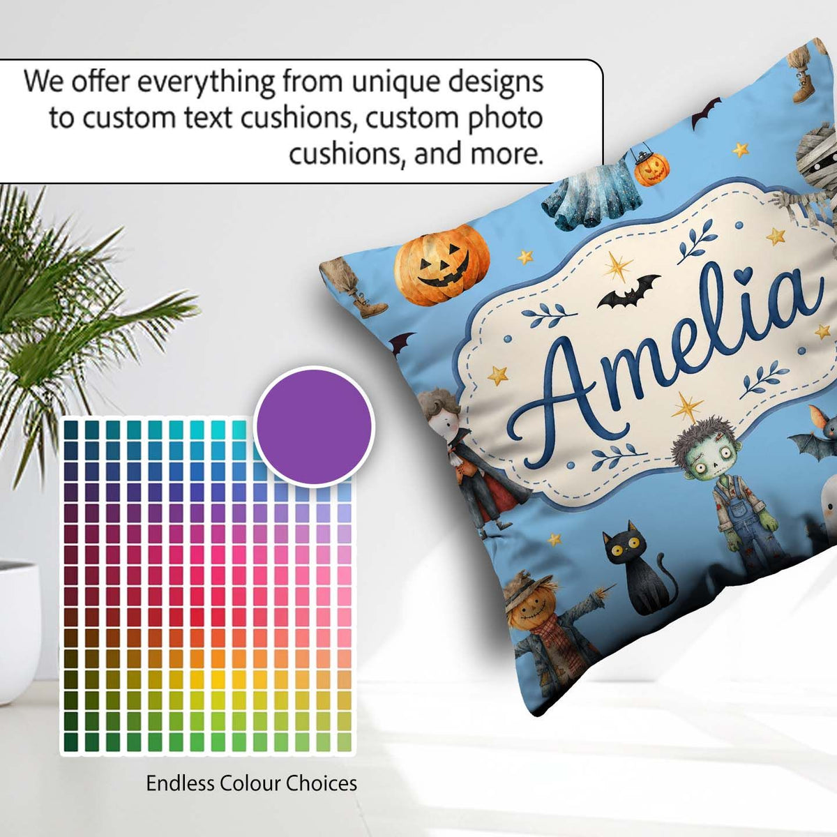 Custom Name Halloween Zombie Mummy Vampire Bat Sky Blue Seamless Square Filled Cushion Throw Pillow Sofa Bed Home Decor Zip Washable UK Made