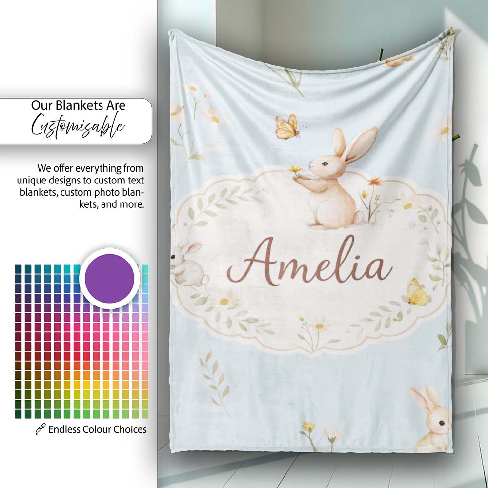 Watercolor Bunny Floral Meadow Seamless Pattern on Blush Background Personalised Custom Name Super Soft Fleece Blanket Bed Sofa Throw