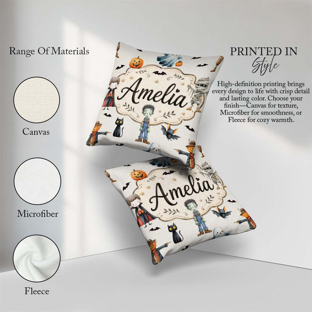 Custom Name Halloween Zombie Mummy Vampire Bat Spooky Light Grey Square Filled Cushion Throw Pillow Sofa Bed Home Decor Zip Washable UK Made