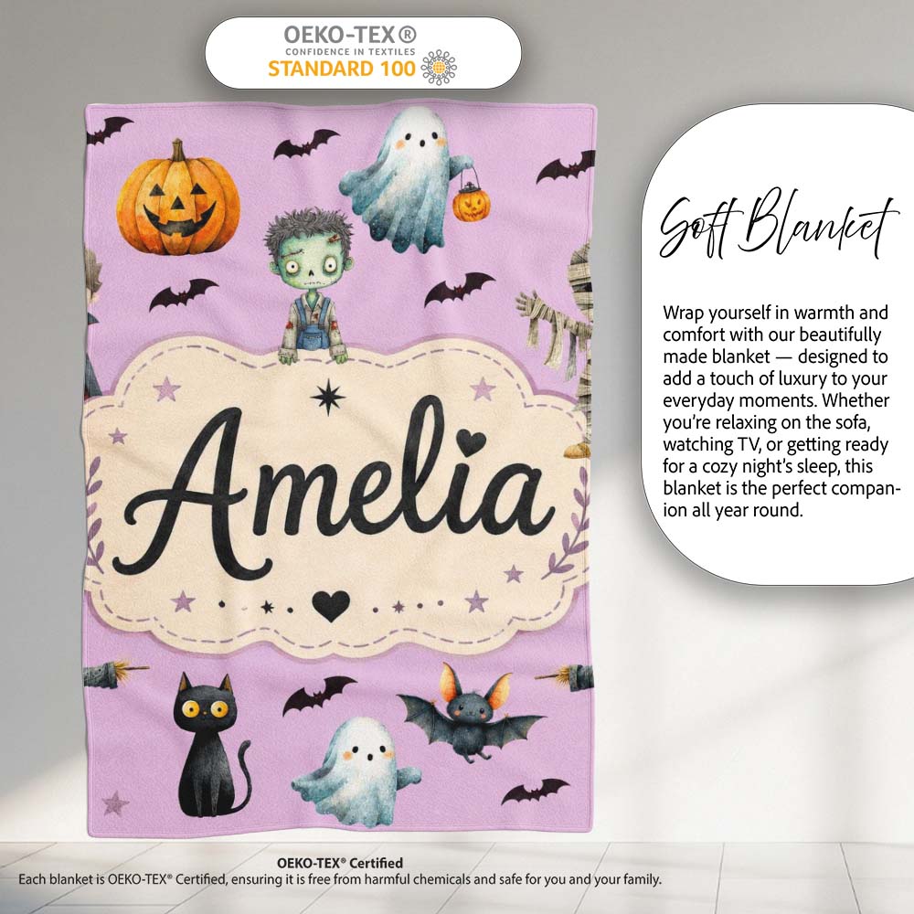 Halloween Zombie Mummy Vampire Bat Spooky Purple Seamless Pattern Personalised Custom Name Super Soft Fleece Blanket Bed Sofa Throw