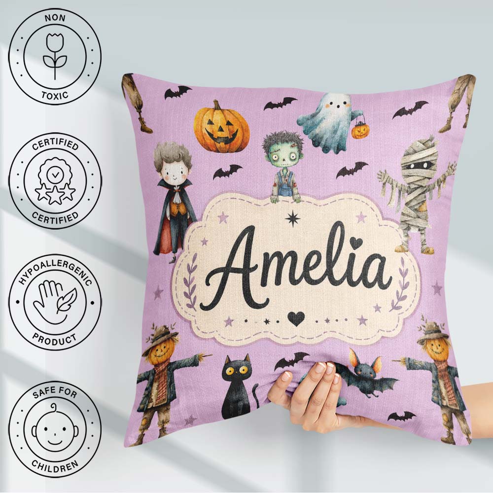 Custom Name Halloween Zombie Mummy Vampire Spooky Purple Pattern Square Filled Cushion Throw Pillow Sofa Bed Home Decor Zip Washable UK Made