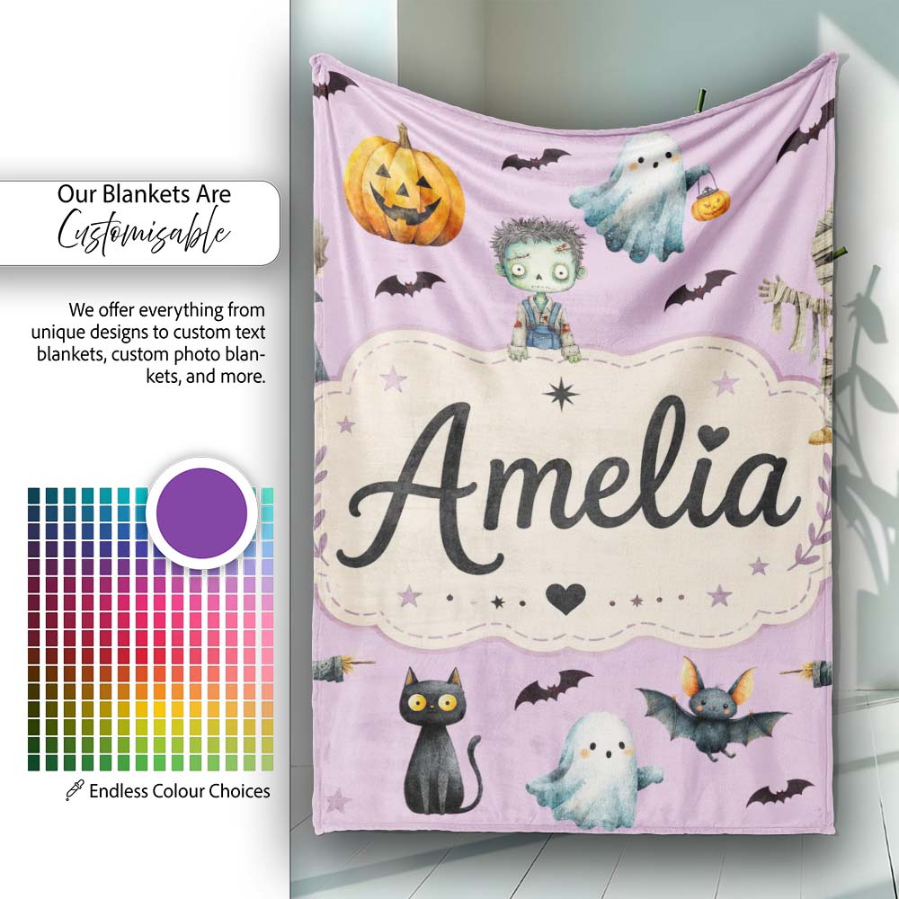 Halloween Zombie Mummy Vampire Bat Spooky Purple Seamless Pattern Personalised Custom Name Super Soft Fleece Blanket Bed Sofa Throw