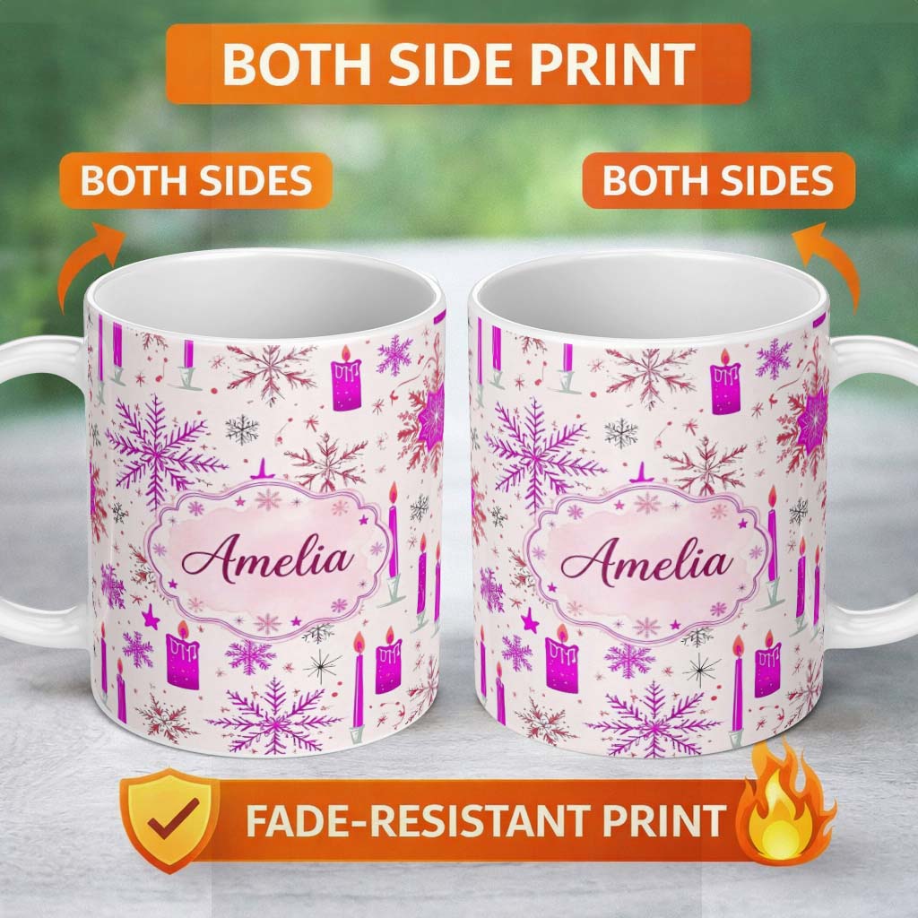 Personalized Custom Name Pink Snowflake Candle Winter Holiday Seamless Pattern Lovely 11oz Ceramic Coffee Tea Mug White Large Handle