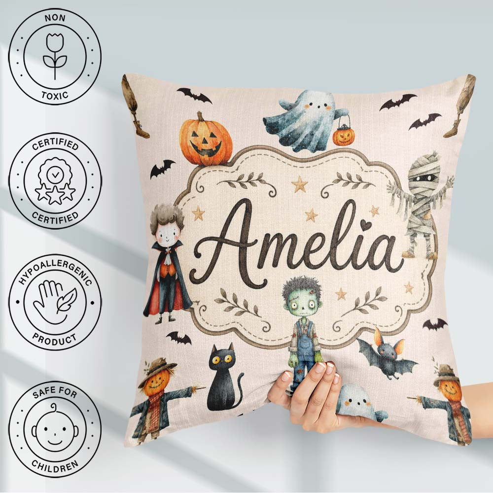 Custom Name Halloween Zombie Vampire Bat Spooky Neutral Seamless Square Filled Cushion Throw Pillow Sofa Bed Home Decor Zip Washable UK Made