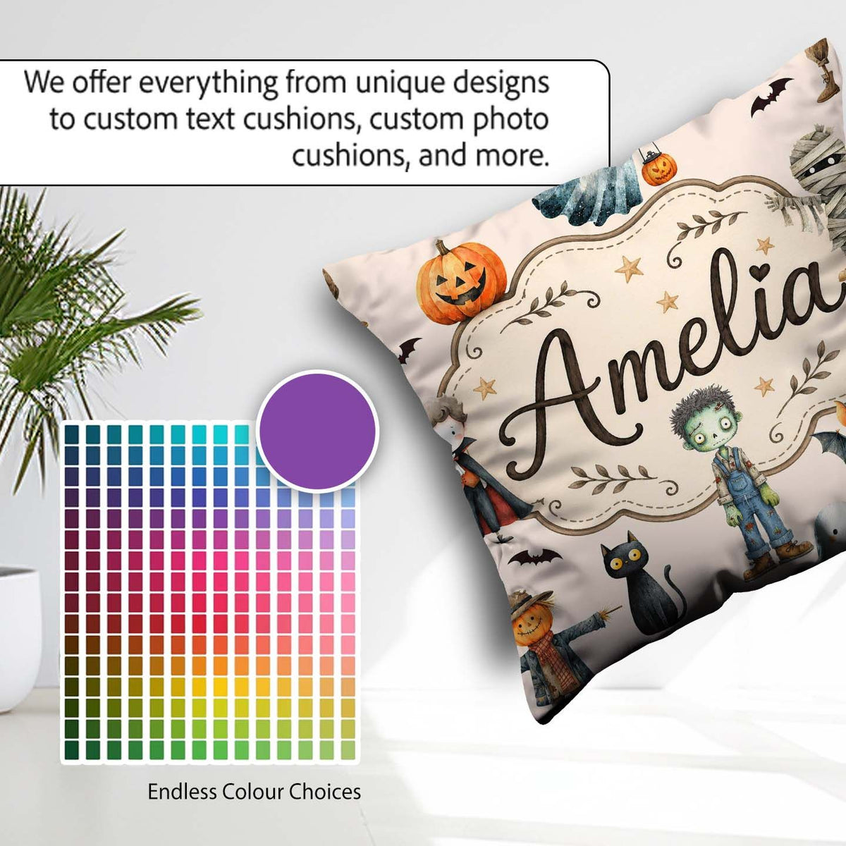 Custom Name Halloween Zombie Vampire Bat Spooky Neutral Seamless Square Filled Cushion Throw Pillow Sofa Bed Home Decor Zip Washable UK Made