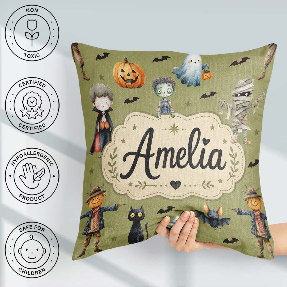 Custom Name Halloween Zombie Mummy Vampire Spooky Olive Seamless Square Filled Cushion Throw Pillow Sofa Bed Home Decor Zip Washable UK Made
