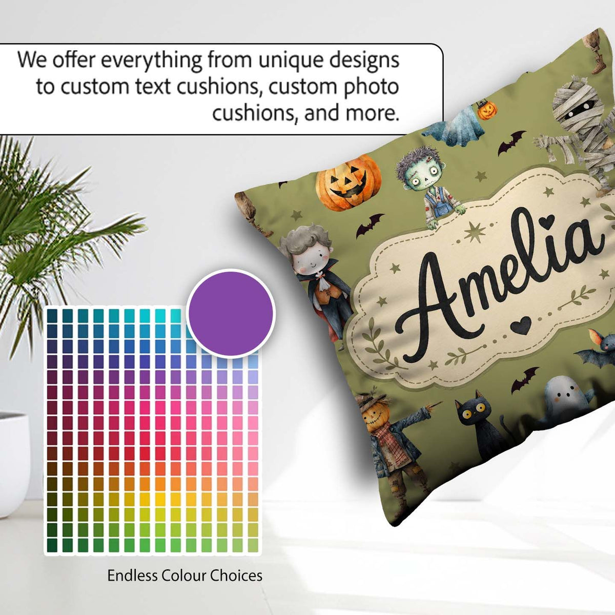 Custom Name Halloween Zombie Mummy Vampire Spooky Olive Seamless Square Filled Cushion Throw Pillow Sofa Bed Home Decor Zip Washable UK Made