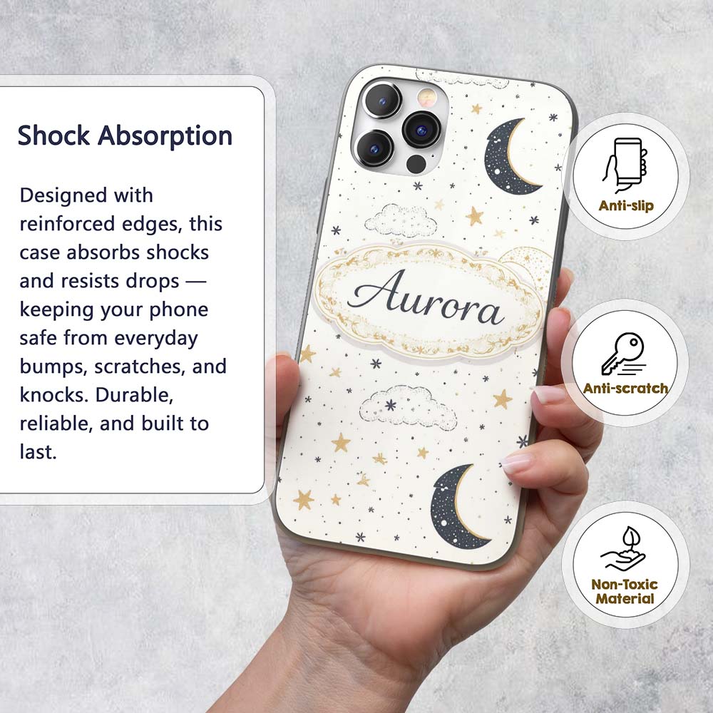 Cute Moon Stars Clouds Nursery Neutral Seamless Custom Name Protective Phone Case Mobile Cover Durable Everyday Smartphone Shock Resistant
