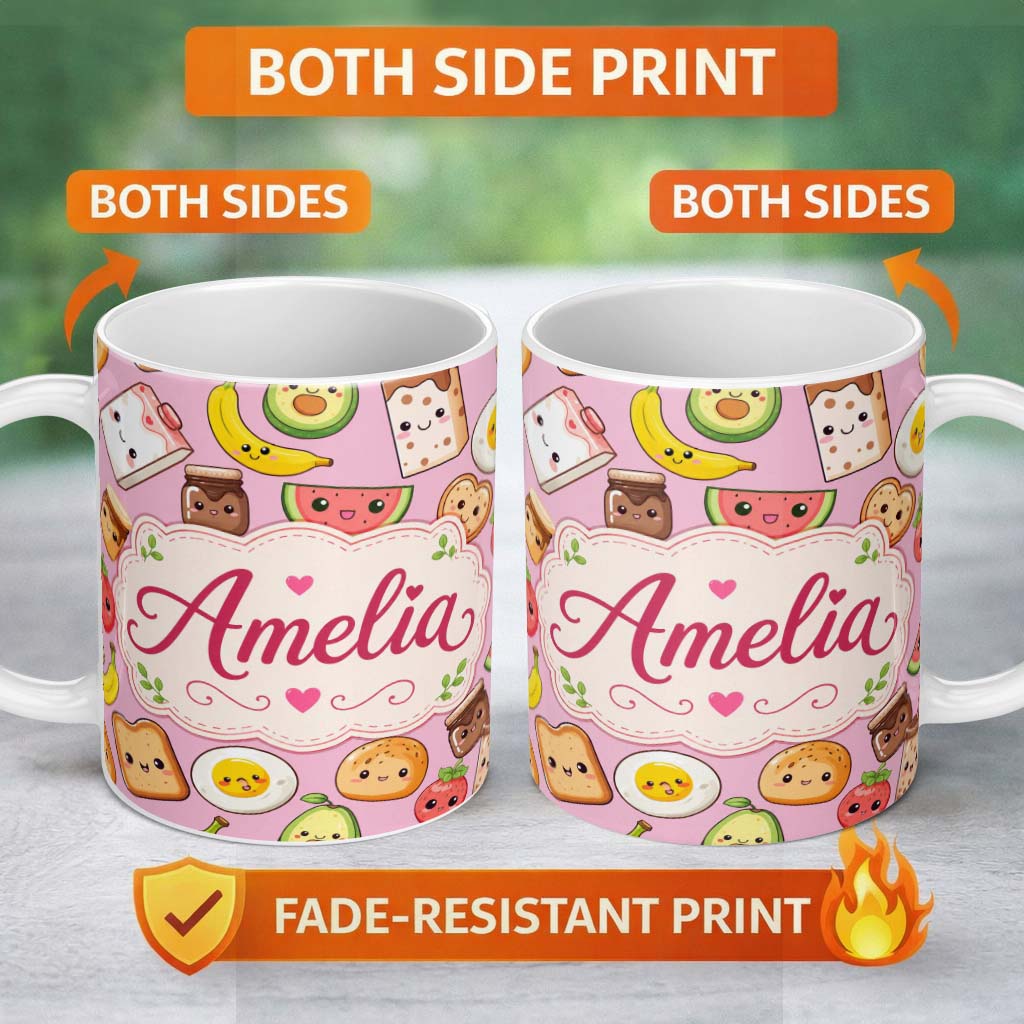 Personalized Custom Name Cute Kawaii Breakfast Food Seamless Pattern Light Pink Background 11oz Ceramic Coffee Tea Mug White Large Handle