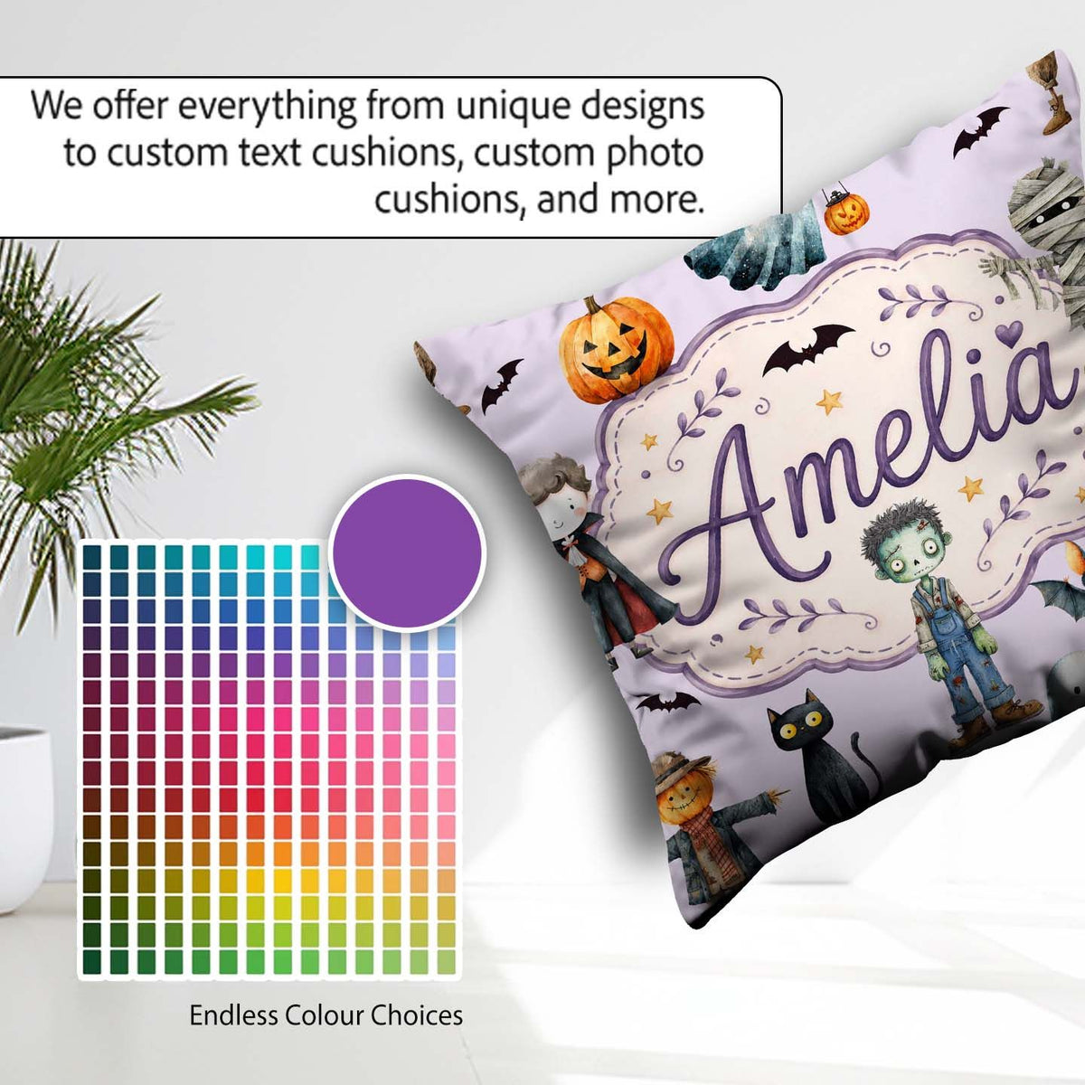 Custom Name Halloween Zombie Mummy Vampire Spooky Lilac Seamless Square Filled Cushion Throw Pillow Sofa Bed Home Decor Zip Washable UK Made