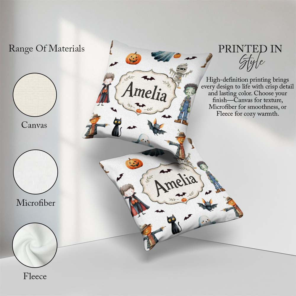 Custom Name Halloween Zombie Mummy Vampire Bat Spooky Light Grey Square Filled Cushion Throw Pillow Sofa Bed Home Decor Zip Washable UK Made
