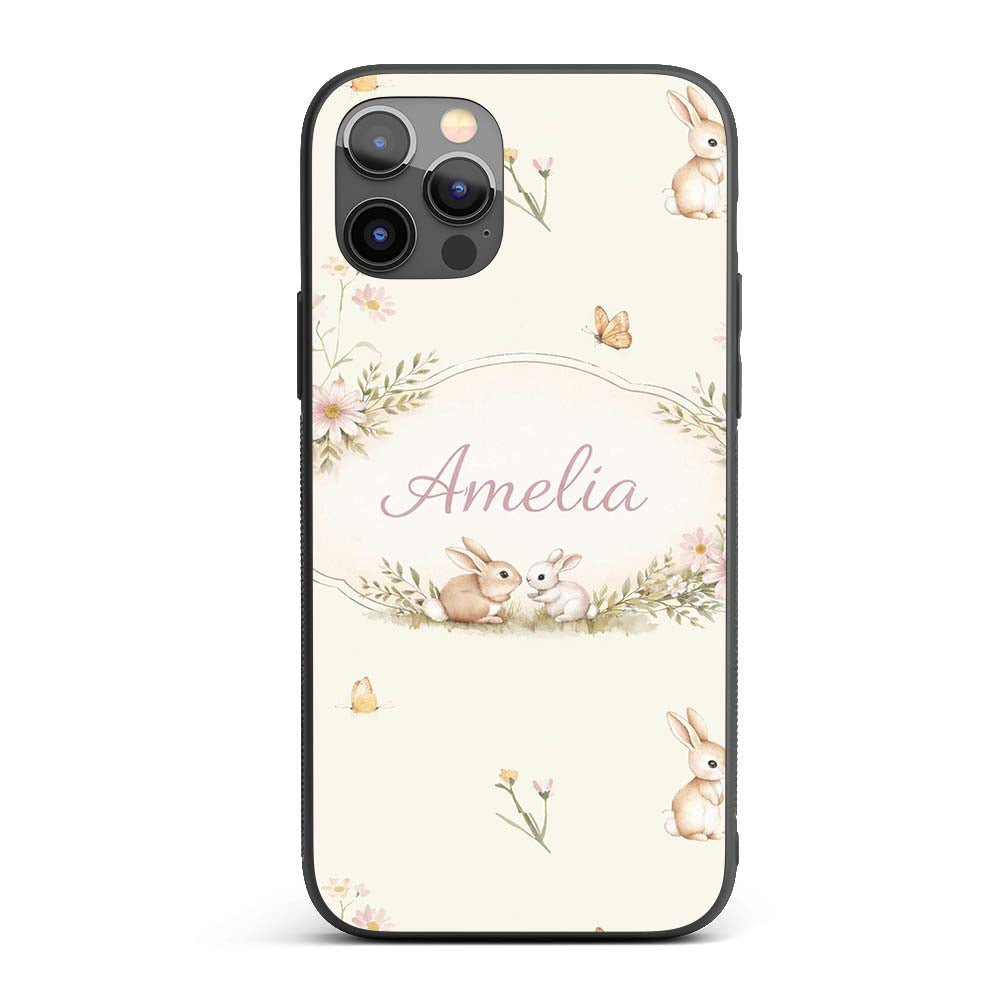 Watercolor Bunny Floral Meadow Seamless Pattern Custom Name Protective Phone Case Mobile Cover Durable Everyday Smartphone Shock Resistant
