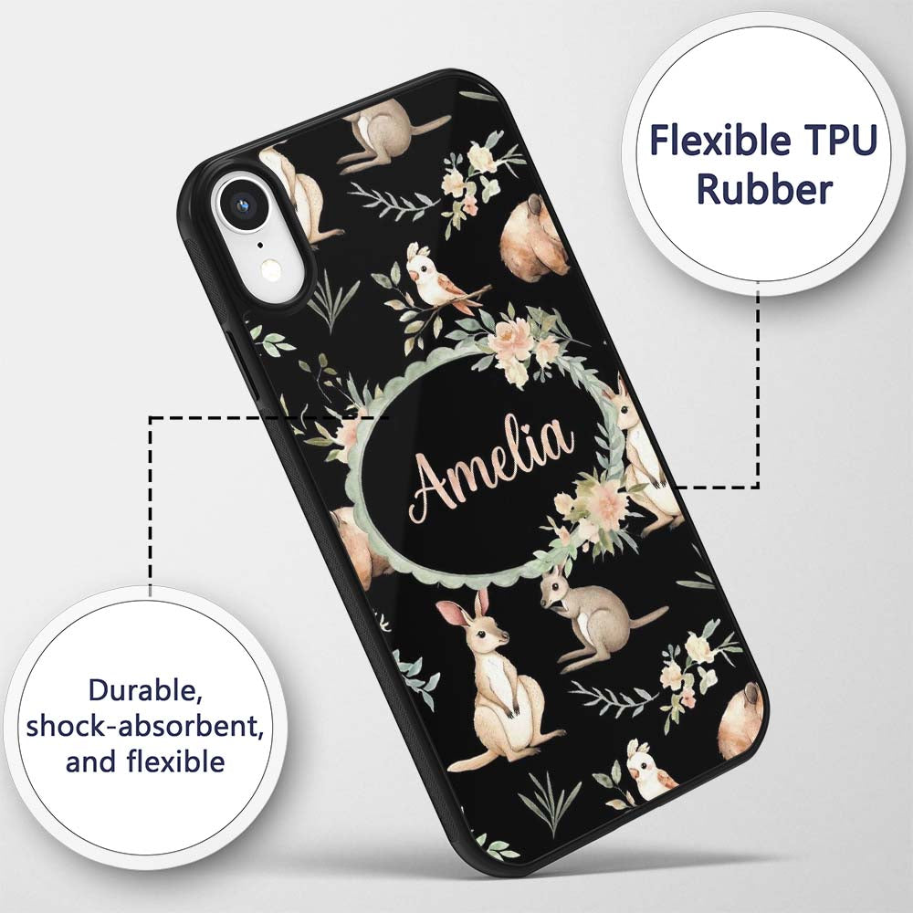 Woodland Animals Koala Kangaroo Bear Floral Black Custom Name Protective Phone Case Mobile Cover Durable Everyday Smartphone Shock Resistant