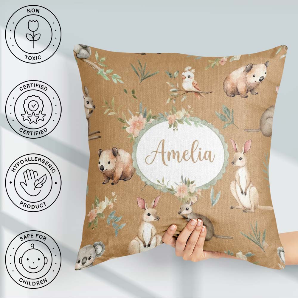 Custom Name Woodland Animals Koala Kangaroo Bear Floral Seamless Square Filled Cushion Throw Pillow Sofa Bed Home Decor Zip Washable UK Made
