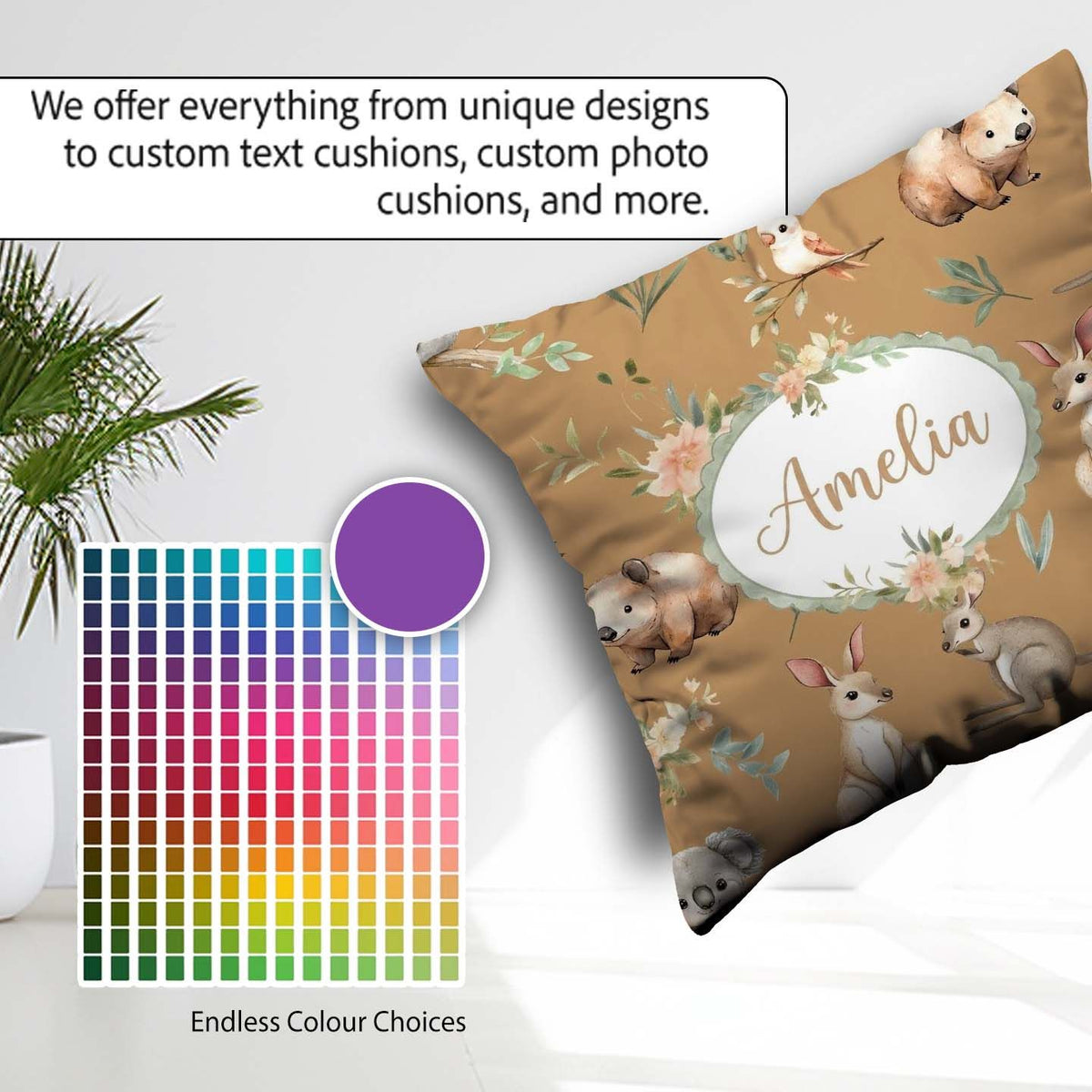 Custom Name Woodland Animals Koala Kangaroo Bear Floral Seamless Square Filled Cushion Throw Pillow Sofa Bed Home Decor Zip Washable UK Made