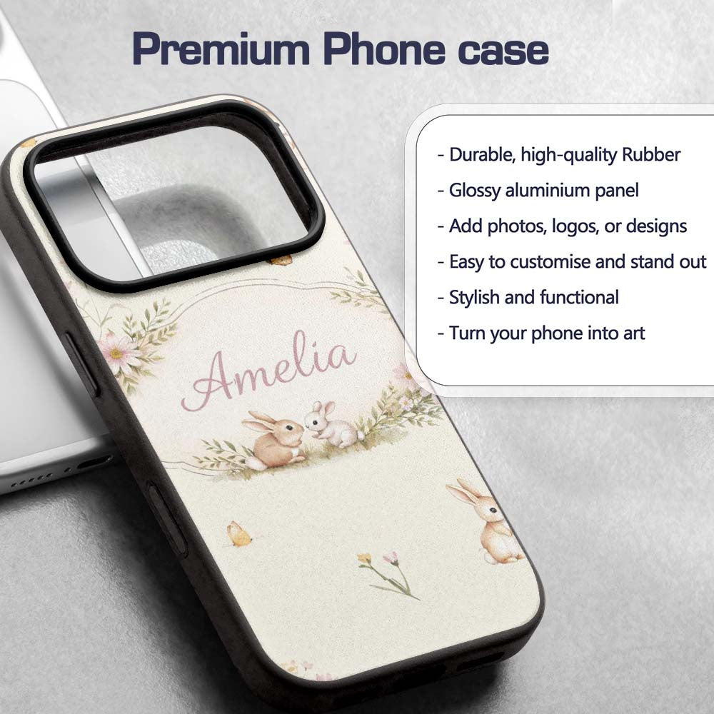 Watercolor Bunny Floral Meadow Seamless Pattern Custom Name Protective Phone Case Mobile Cover Durable Everyday Smartphone Shock Resistant