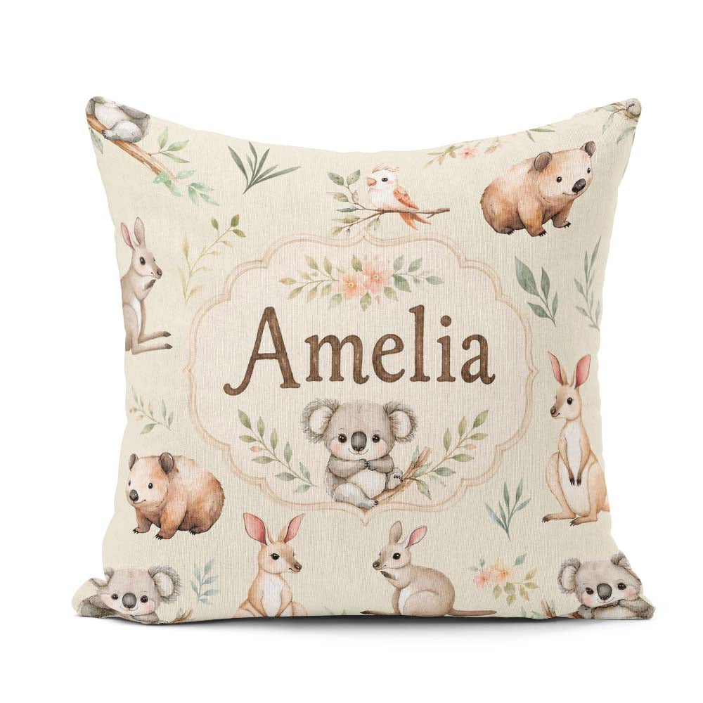 Custom Name Woodland Animals Koala Kangaroo Bear Floral Seamless Square Filled Cushion Throw Pillow Sofa Bed Home Decor Zip Washable UK Made