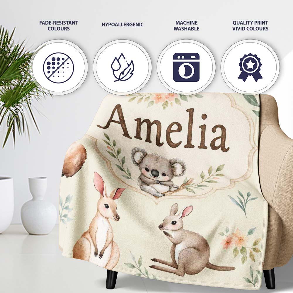 Woodland Animals Koala Kangaroo Bear Floral Sage Green Seamless Personalised Custom Name Super Soft Fleece Blanket Bed Sofa Throw