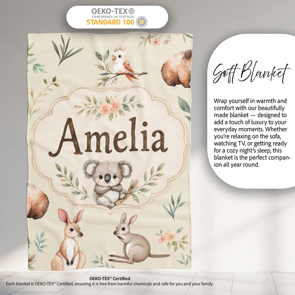 Woodland Animals Koala Kangaroo Bear Floral Sage Green Seamless Personalised Custom Name Super Soft Fleece Blanket Bed Sofa Throw
