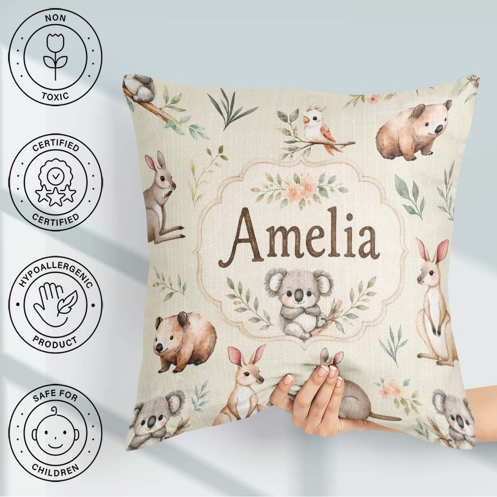 Custom Name Woodland Animals Koala Kangaroo Bear Floral Seamless Square Filled Cushion Throw Pillow Sofa Bed Home Decor Zip Washable UK Made