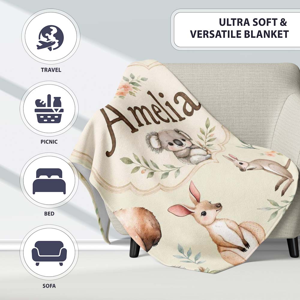 Woodland Animals Koala Kangaroo Bear Floral Sage Green Seamless Personalised Custom Name Super Soft Fleece Blanket Bed Sofa Throw
