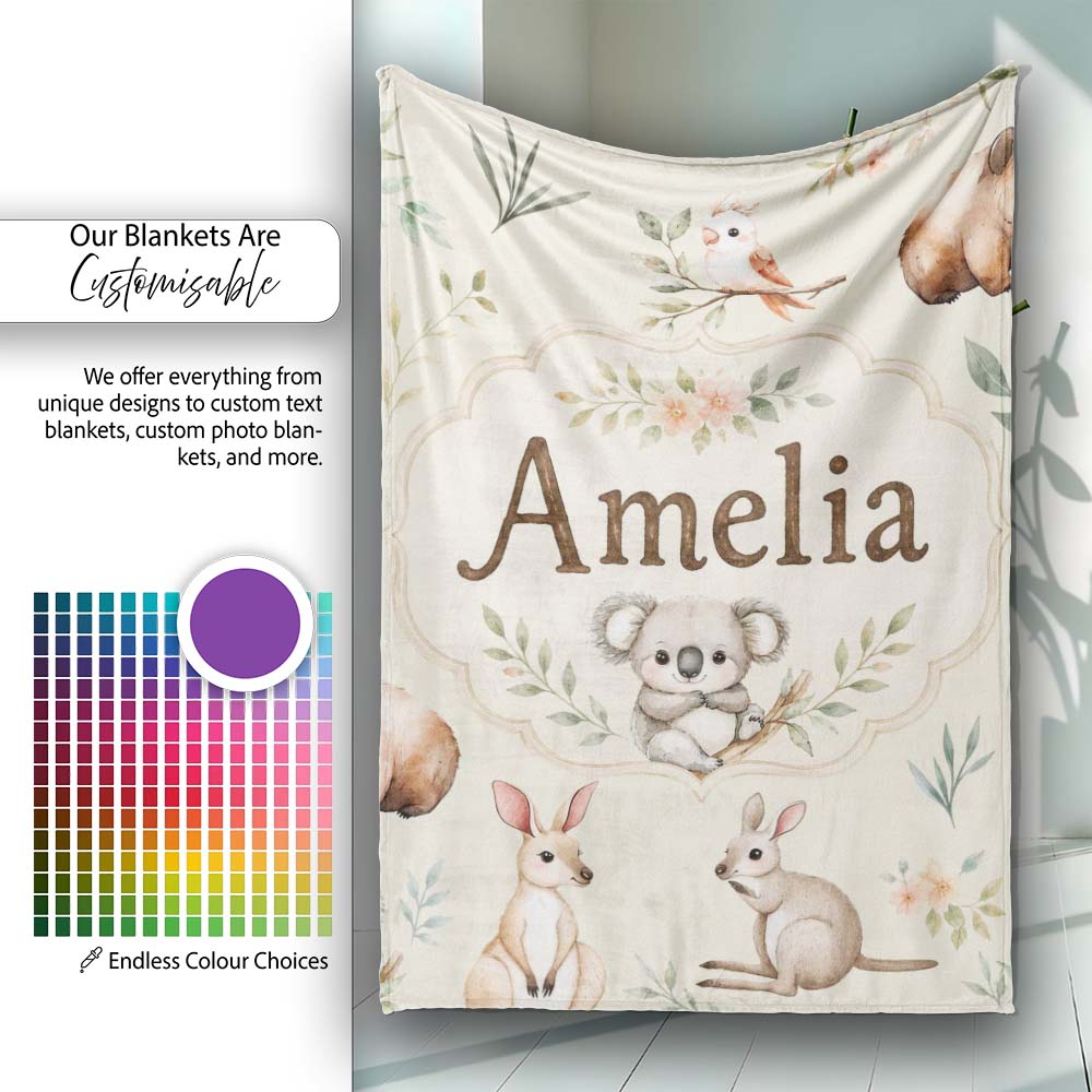 Woodland Animals Koala Kangaroo Bear Floral Sage Green Seamless Personalised Custom Name Super Soft Fleece Blanket Bed Sofa Throw