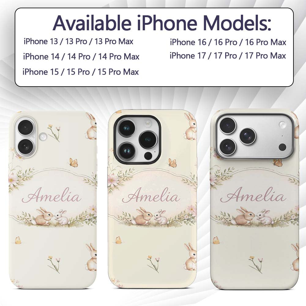 Watercolor Bunny Floral Meadow Seamless Pattern Custom Name Protective Phone Case Mobile Cover Durable Everyday Smartphone Shock Resistant