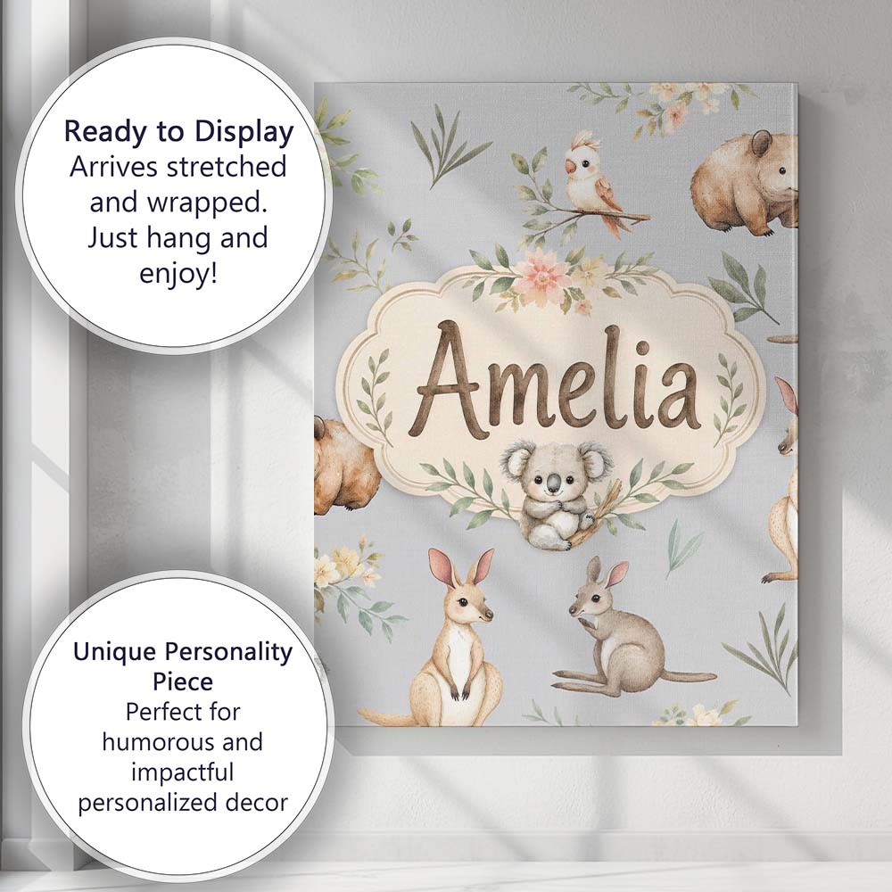 Personalised Name Woodland Animals Koala Custom Unique Gift Idea Elegant Feature Canvas Wall Art Print Decor Picture Ready to Hang