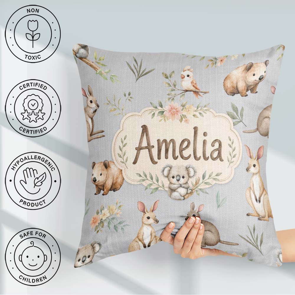 Custom Name Woodland Animals Koala Kangaroo Bear Floral Seamless Square Filled Cushion Throw Pillow Sofa Bed Home Decor Zip Washable UK Made