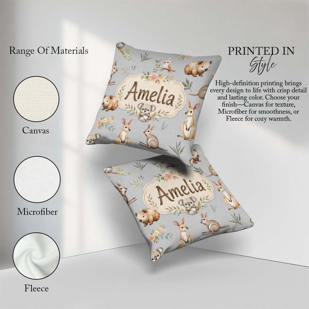 Custom Name Woodland Animals Koala Kangaroo Bear Floral Seamless Square Filled Cushion Throw Pillow Sofa Bed Home Decor Zip Washable UK Made