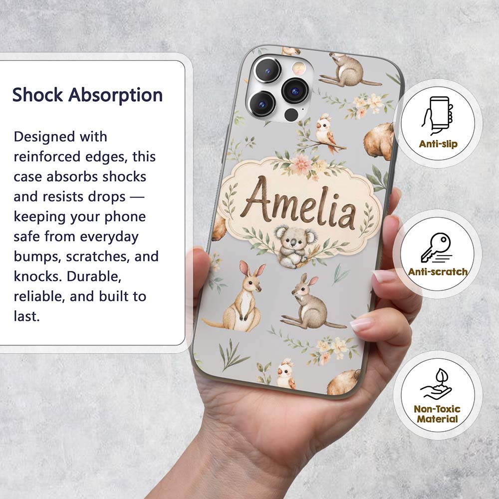 Woodland Animals Koala Kangaroo Bear Floral Soft Custom Name Protective Phone Case Mobile Cover Durable Everyday Smartphone Shock Resistant