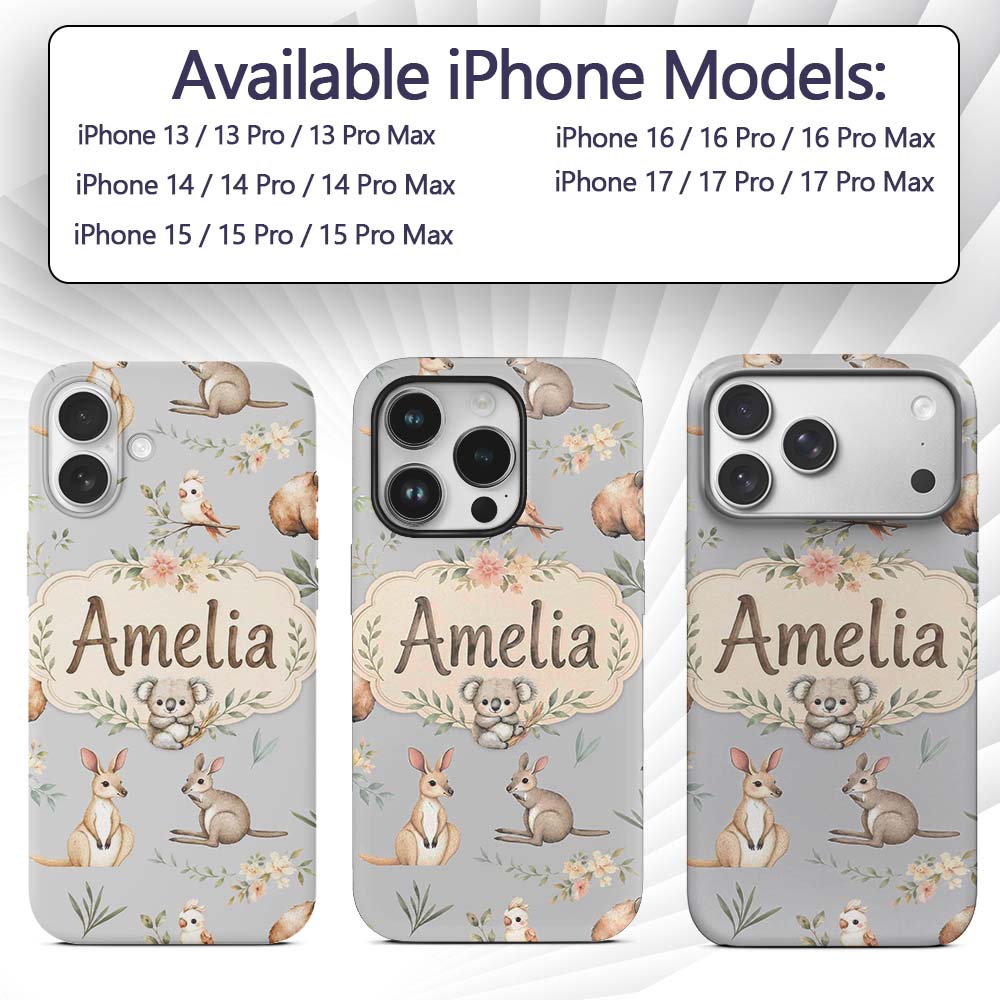 Woodland Animals Koala Kangaroo Bear Floral Soft Custom Name Protective Phone Case Mobile Cover Durable Everyday Smartphone Shock Resistant