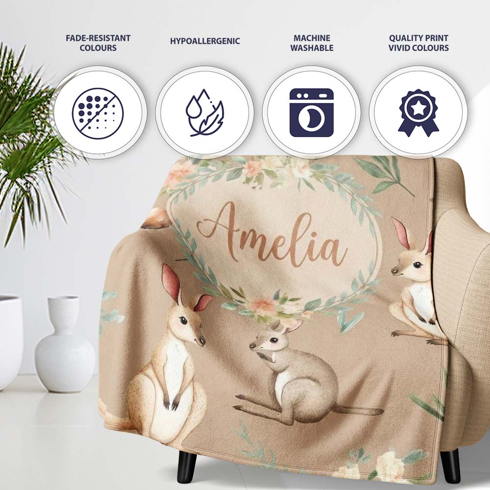 Woodland Animals Koala Kangaroo Bear Floral Warm Taupe Seamless Personalised Custom Name Super Soft Fleece Blanket Bed Sofa Throw
