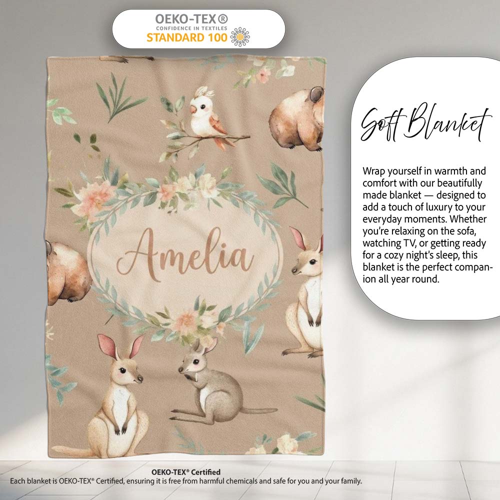 Woodland Animals Koala Kangaroo Bear Floral Warm Taupe Seamless Personalised Custom Name Super Soft Fleece Blanket Bed Sofa Throw
