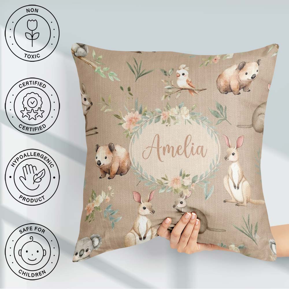 Custom Name Woodland Animals Koala Kangaroo Bear Floral Seamless Square Filled Cushion Throw Pillow Sofa Bed Home Decor Zip Washable UK Made