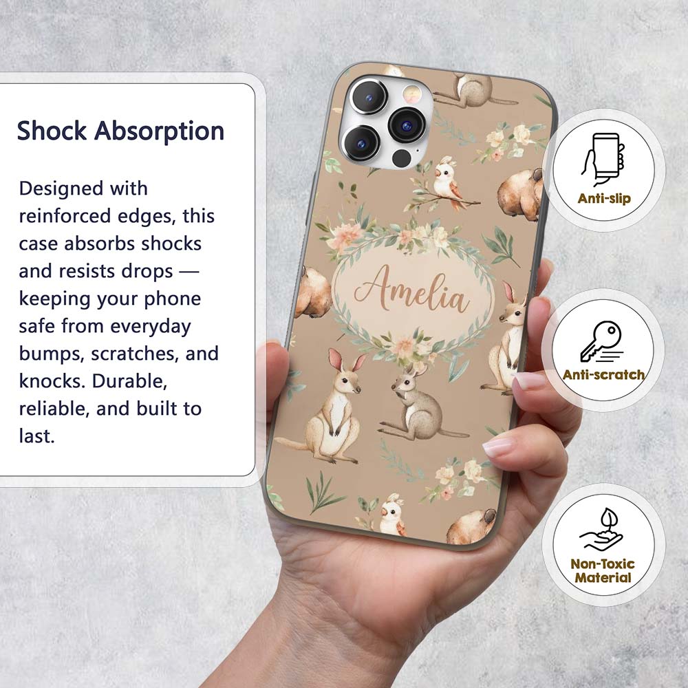 Woodland Animals Koala Kangaroo Bear Floral Warm Custom Name Protective Phone Case Mobile Cover Durable Everyday Smartphone Shock Resistant