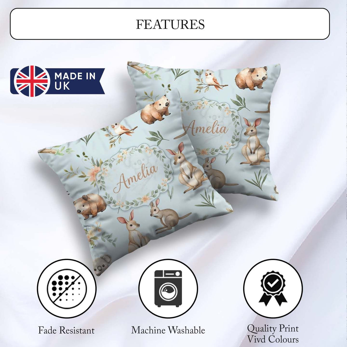 Custom Name Woodland Animals Koala Kangaroo Bear Floral Seamless Square Filled Cushion Throw Pillow Sofa Bed Home Decor Zip Washable UK Made