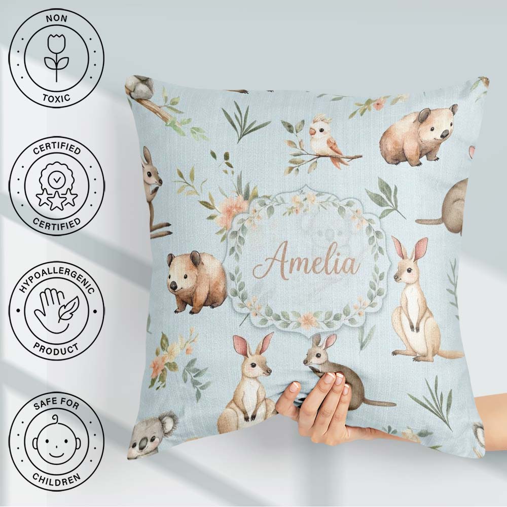 Custom Name Woodland Animals Koala Kangaroo Bear Floral Seamless Square Filled Cushion Throw Pillow Sofa Bed Home Decor Zip Washable UK Made